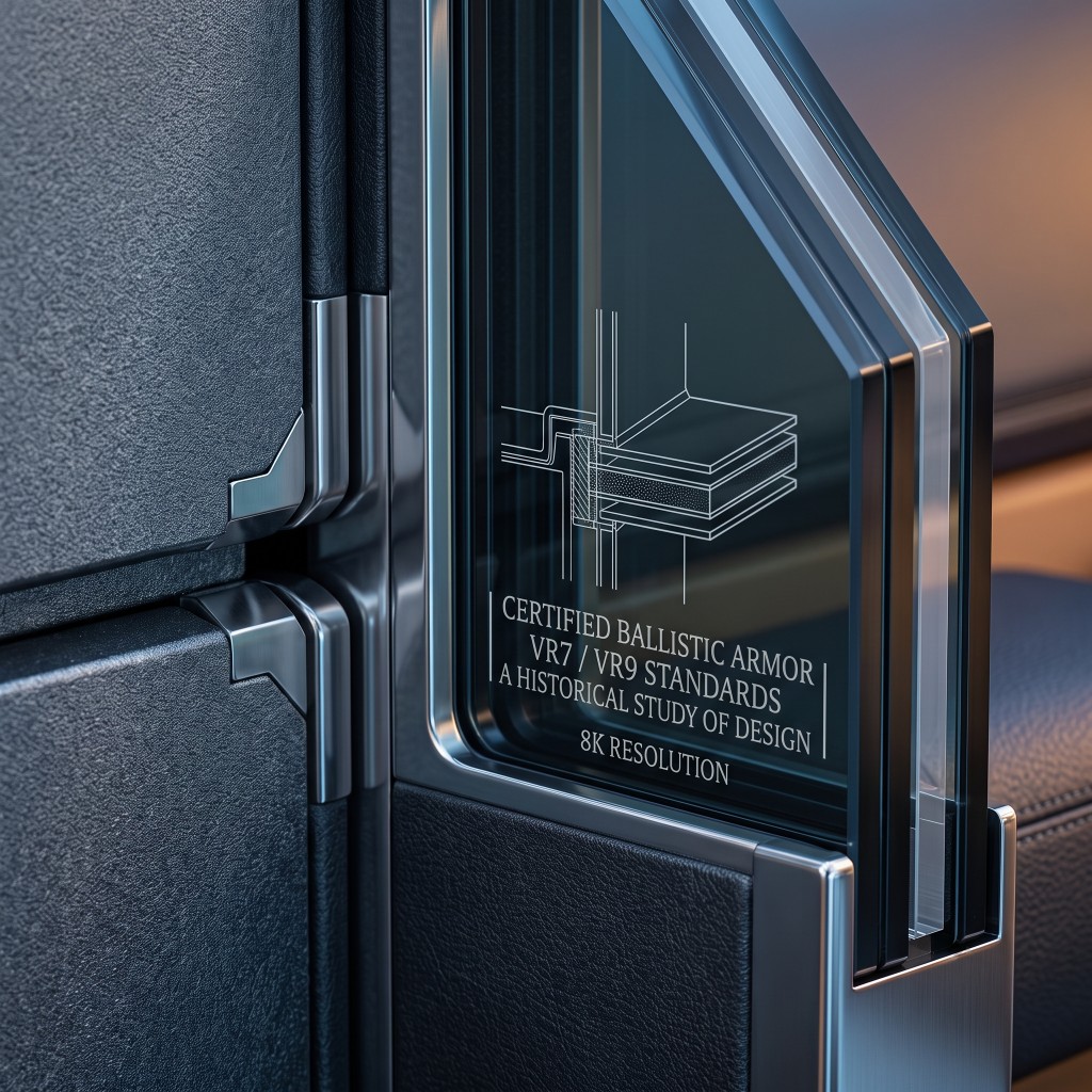 Certified VR7/VR9 ballistic glass door seam with etched armor diagram