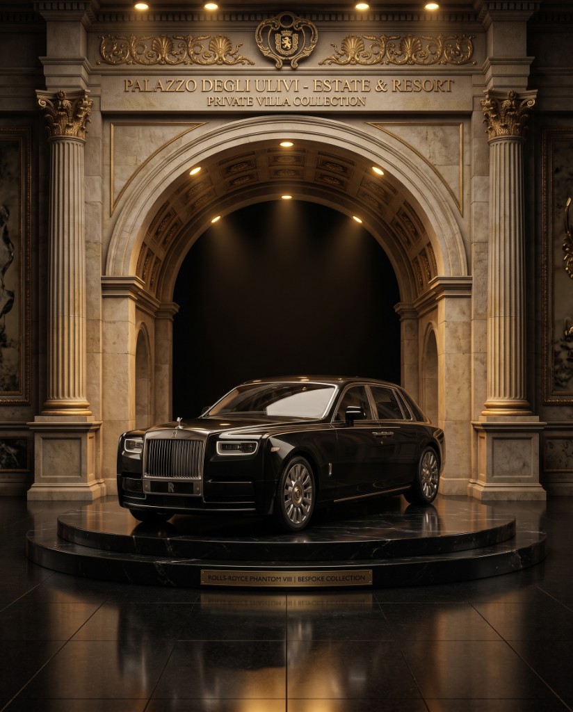 Rolls-Royce Phantom VIII on a circular marble plinth beneath a palatial gold arch