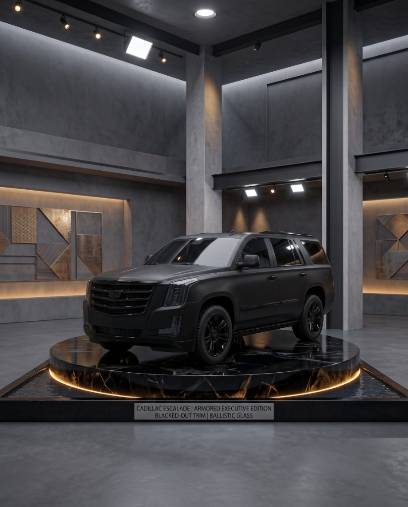 Matte-black armored Cadillac Escalade on a circular gold-lit marble plinth