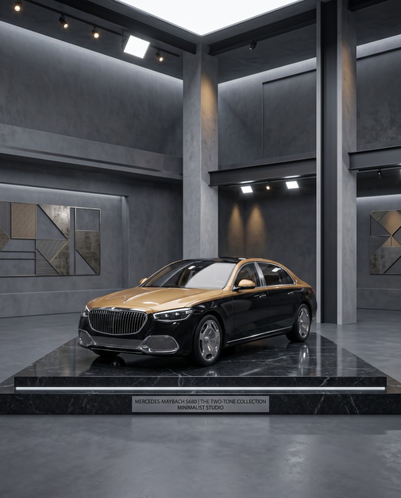 Two-tone Mercedes-Maybach S680 on a black marble studio plinth