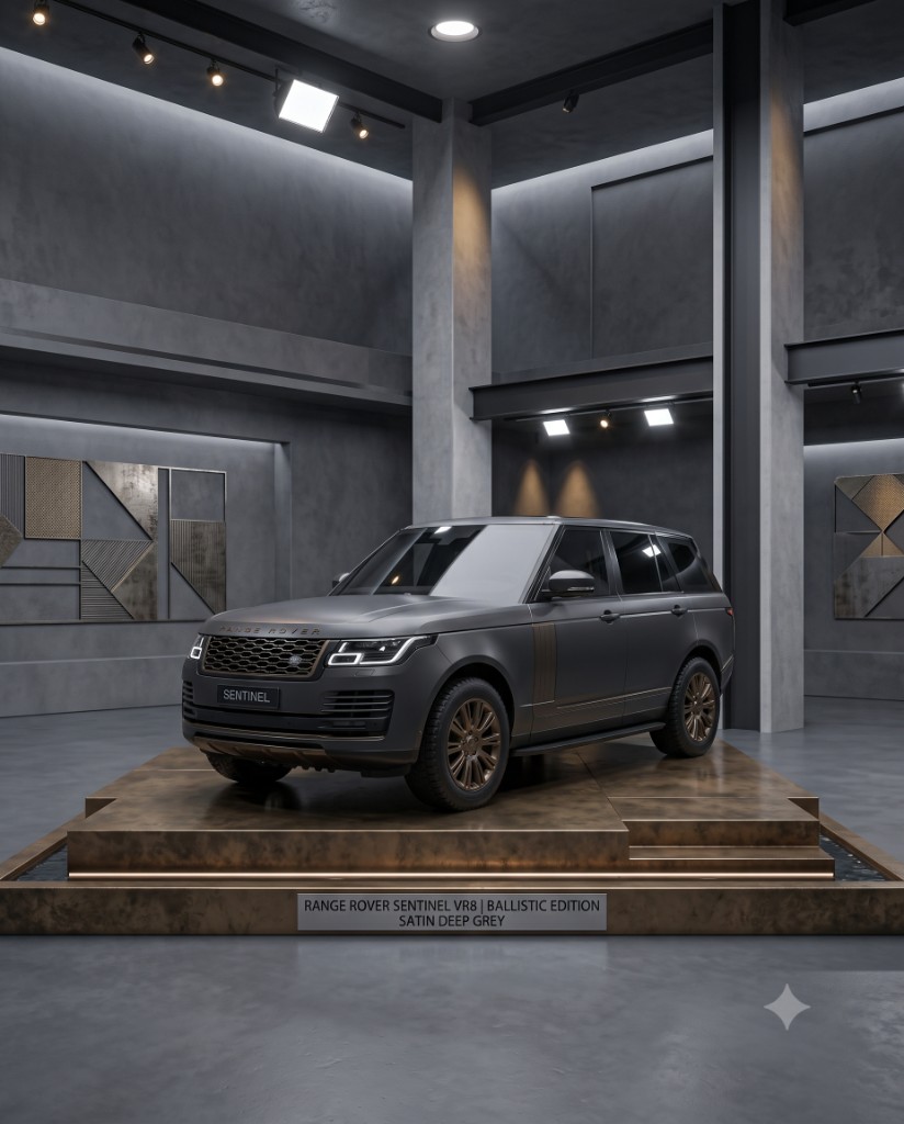 Range Rover Sentinel VR8 ballistic edition on a bronze museum plinth
