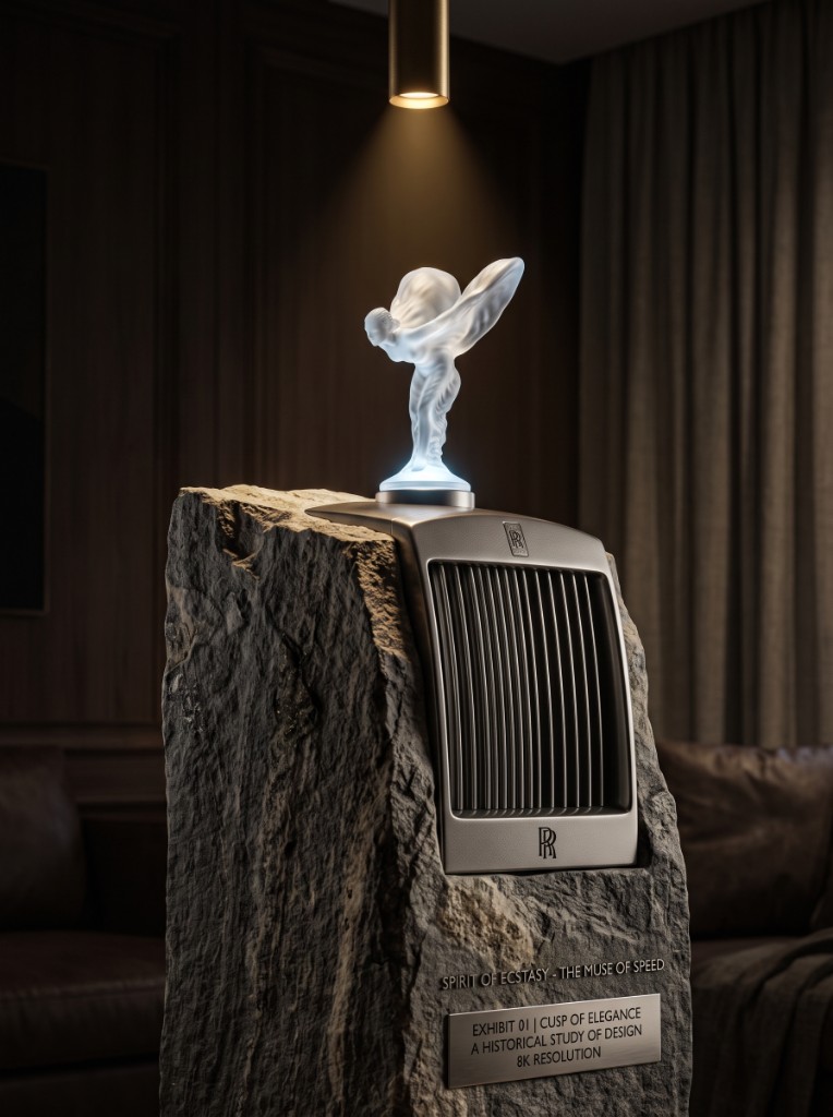 Illuminated Spirit of Ecstasy on a stone and grille museum plinth