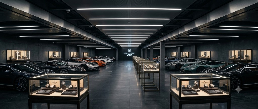 Underground collector vault with hypercars and vitrines of timepieces