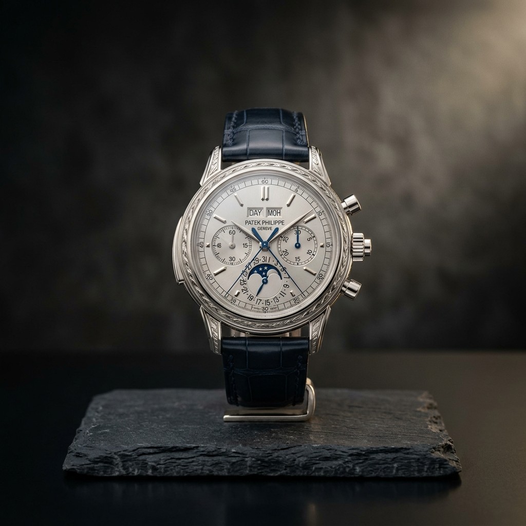 Platinum perpetual-calendar chronograph on a slate plinth