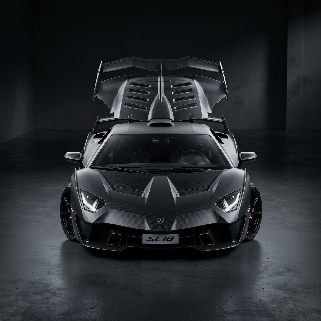 Matte carbon coachbuilt hypercar with an exposed rear wing