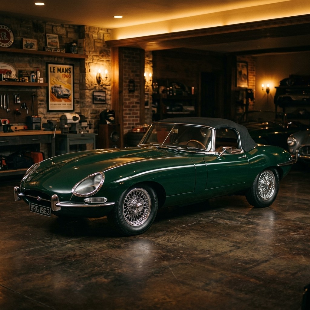British racing-green vintage roadster in a private garage