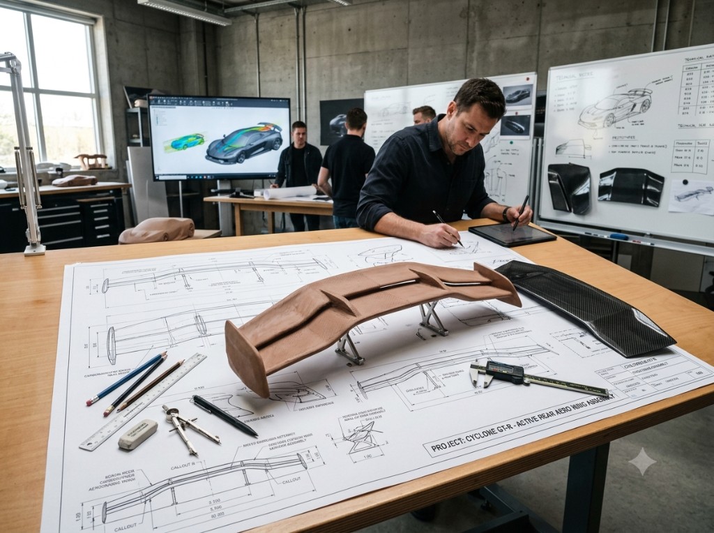 Aero wing clay model and carbon part on a design-studio table
