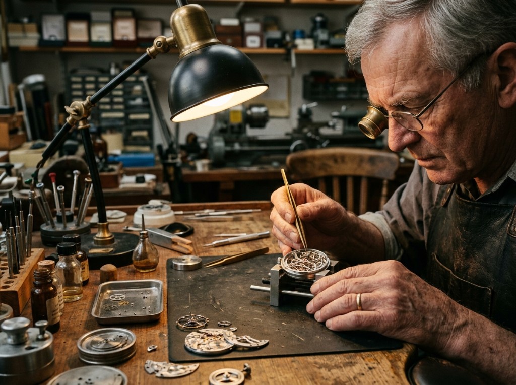 Master watchmaker assembling a movement under a brass lamp