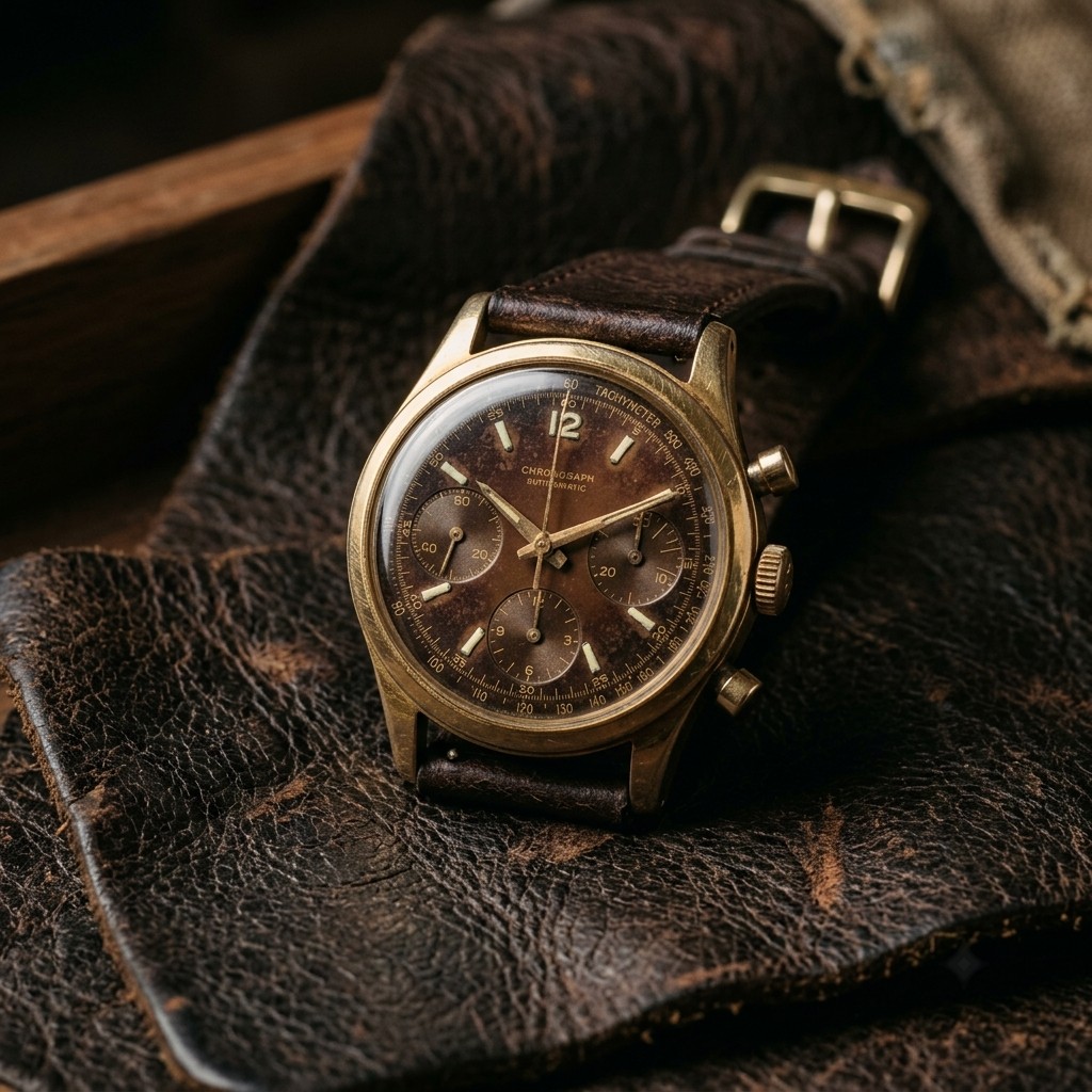 Aged gilt chronograph on a distressed brown leather strap