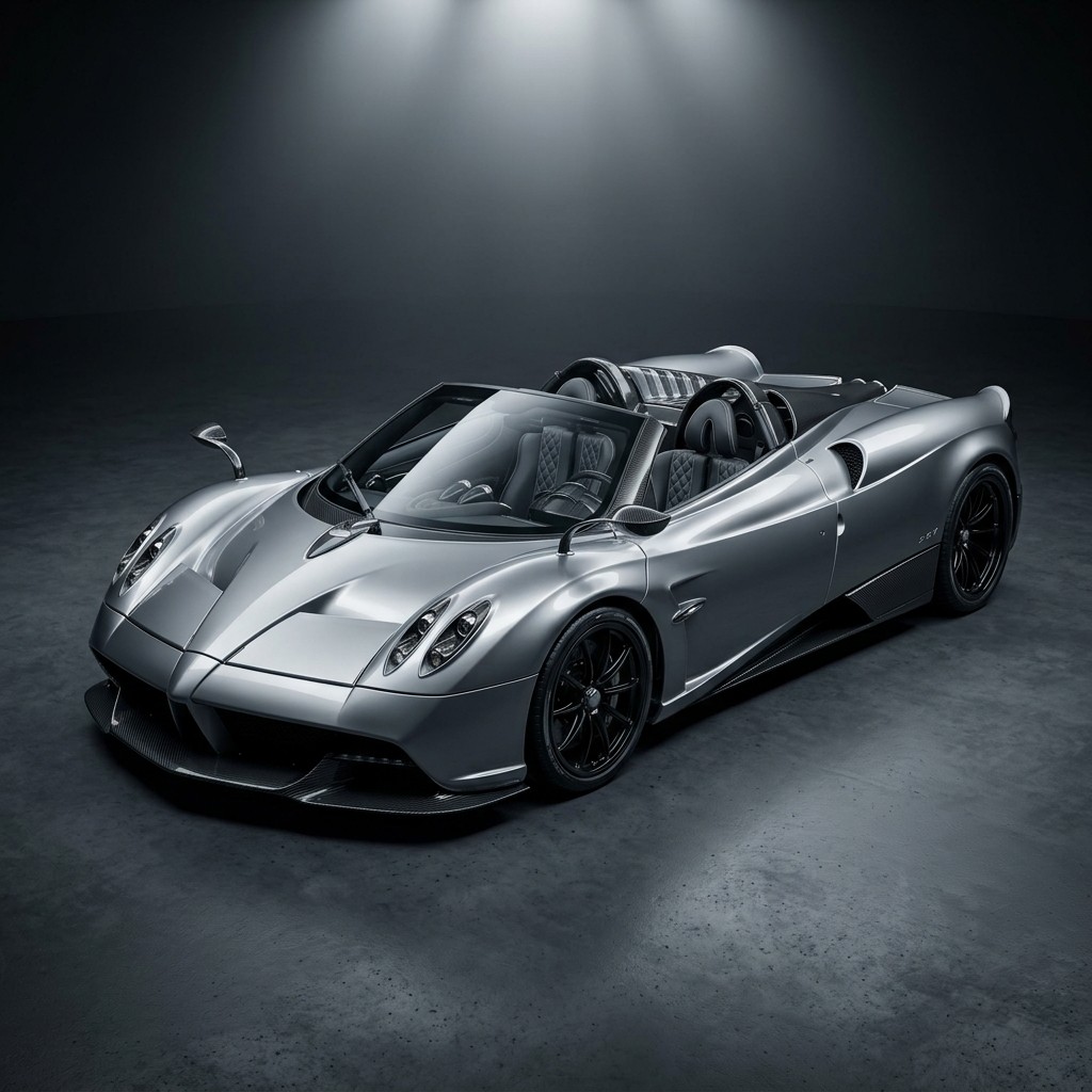 Silver open-top hypercar under studio lighting
