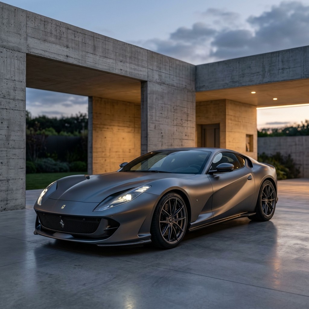 Matte grey V12 coupe staged under a concrete pavilion at dusk