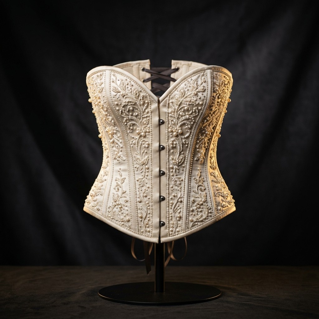 Ivory silk corset with pearl embroidery on a stand