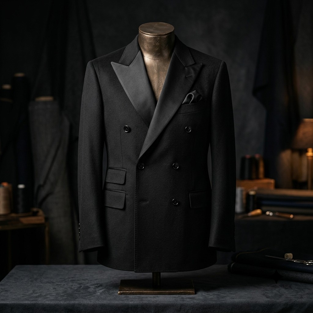 Black double-breasted dinner jacket on a bronze dress form
