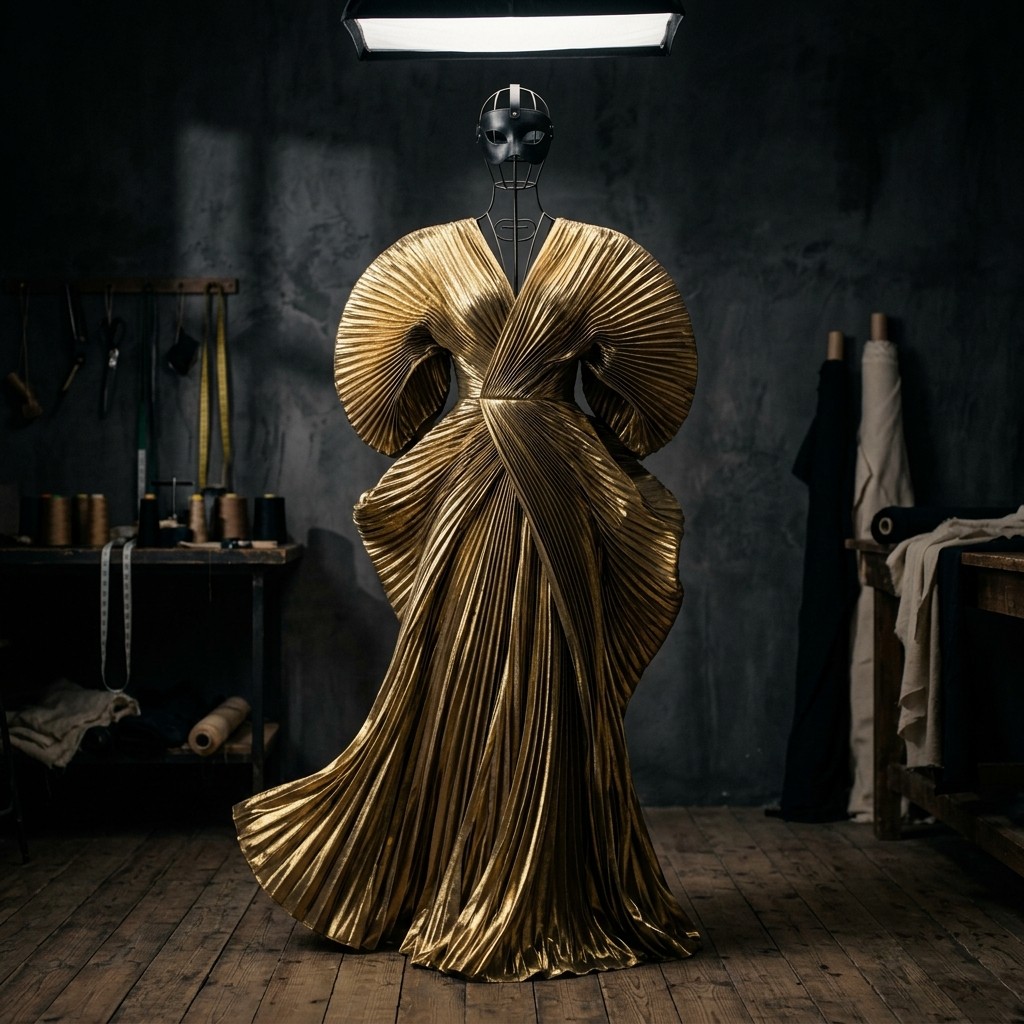 Gold pleated couture gown on a wire atelier mannequin