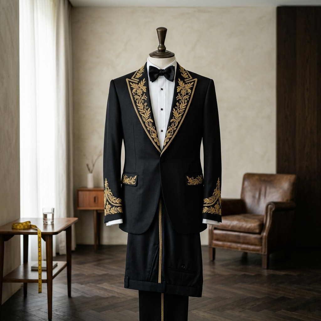 Black tuxedo with gold embroidered lapels and cuffs
