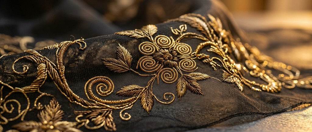 Macro gold bullion embroidery on black silk tulle