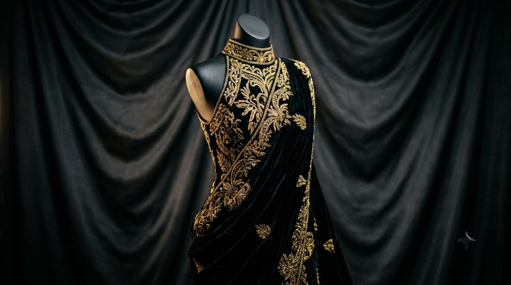 Black velvet haute couture gown with gold embroidery on a salon mannequin