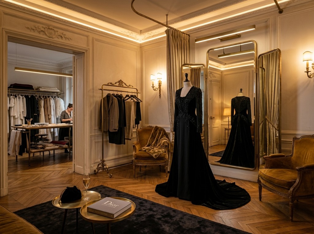 Private fitting salon with a black evening gown before a gold mirror
