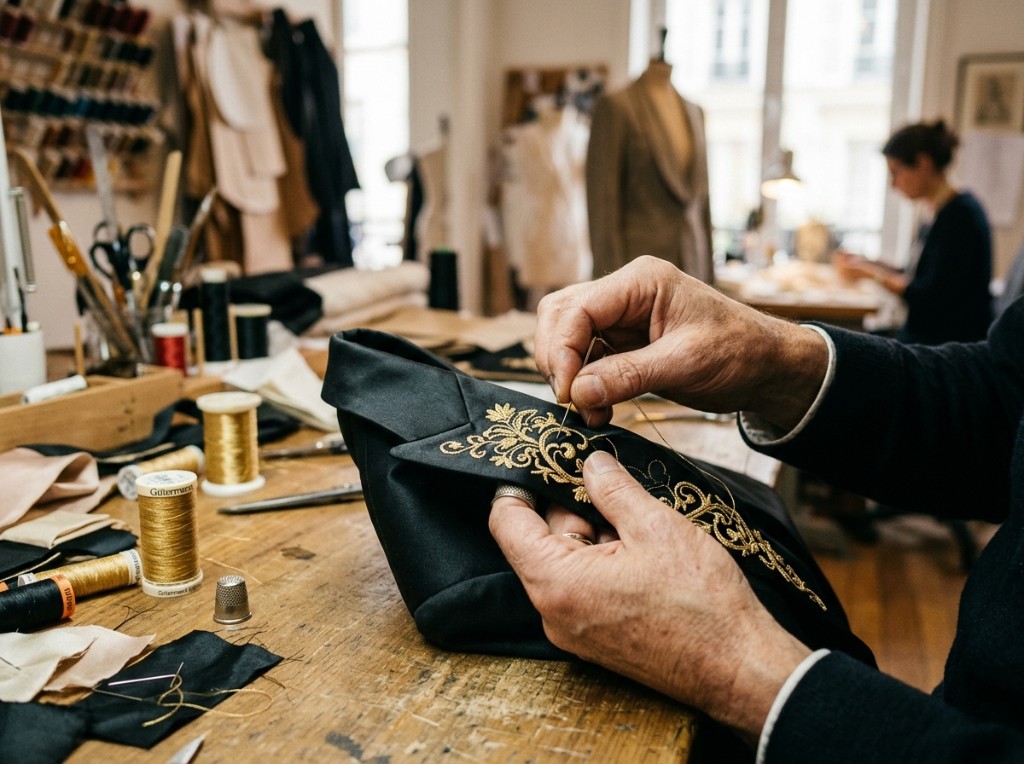 Hands embroidering gold bullion onto black silk in an atelier