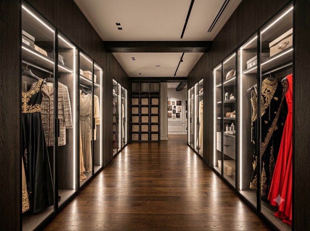 Glass-lined couture wardrobe corridor with warm lighting