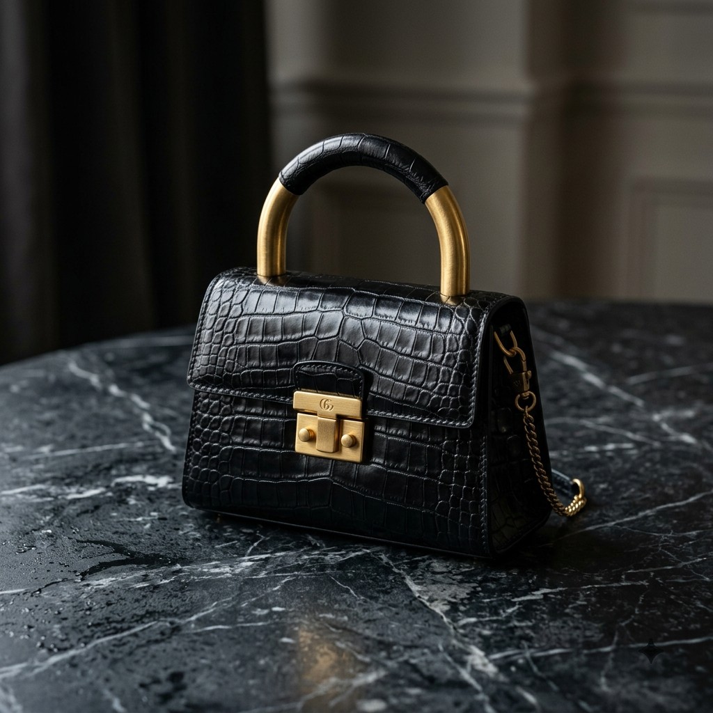Black crocodile evening bag with brushed gold hardware