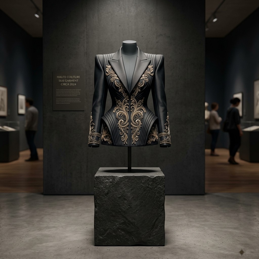 Haute couture silk jacket with gold embroidery on museum plinth