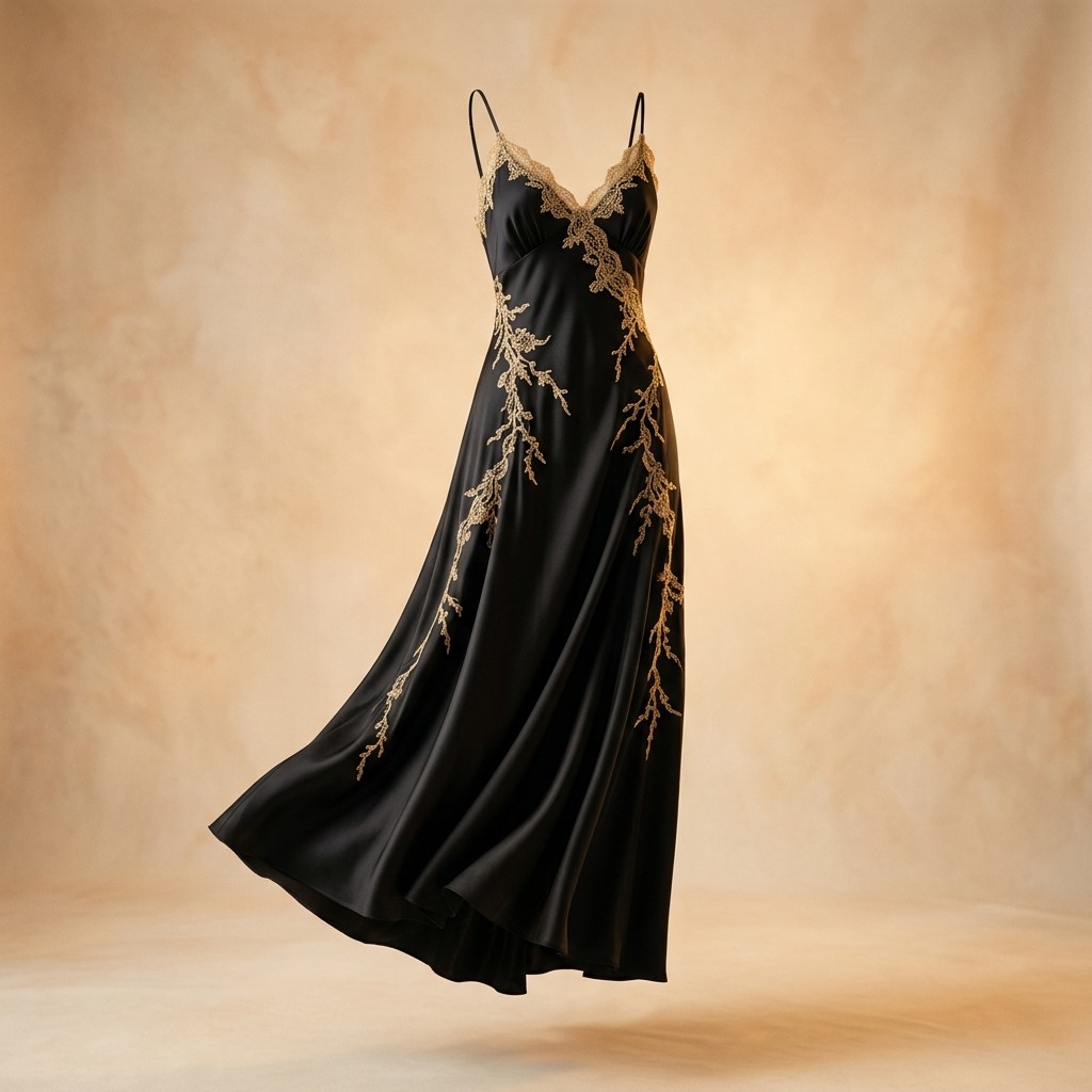 Black silk slip gown with gold lace, suspended in studio light
