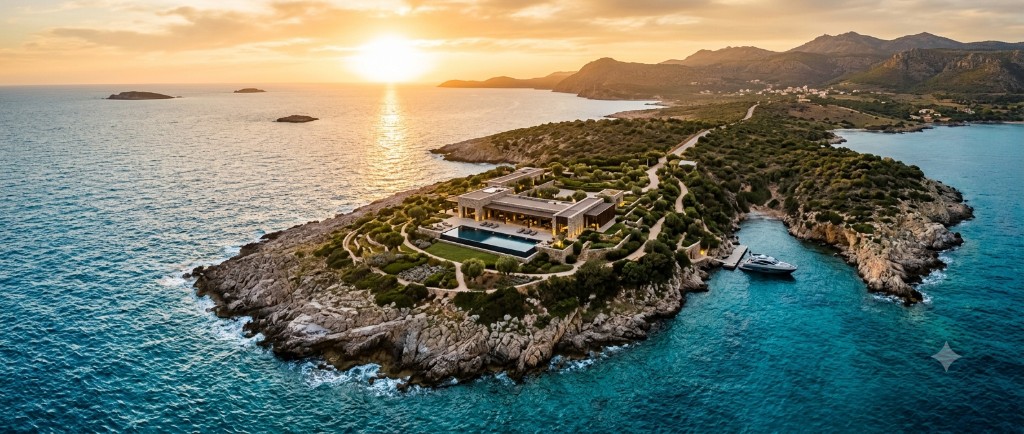 Aerial peninsula estate with private harbour at sunset