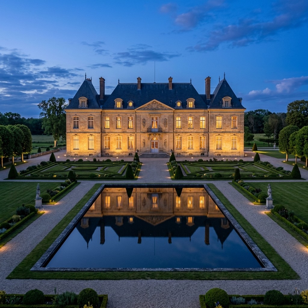 French château illuminated at dusk with reflecting parterre pool