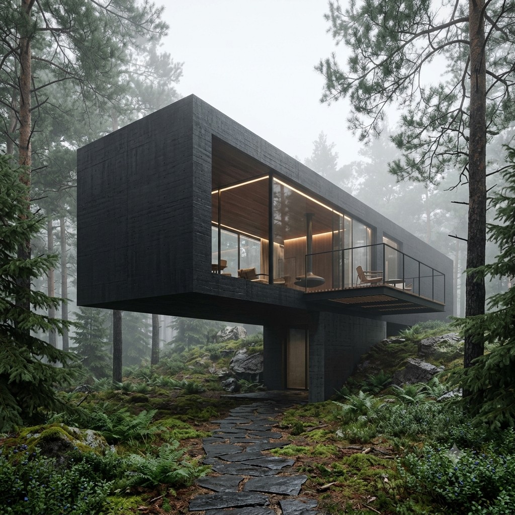 Charcoal cantilevered house in a fogged pine forest