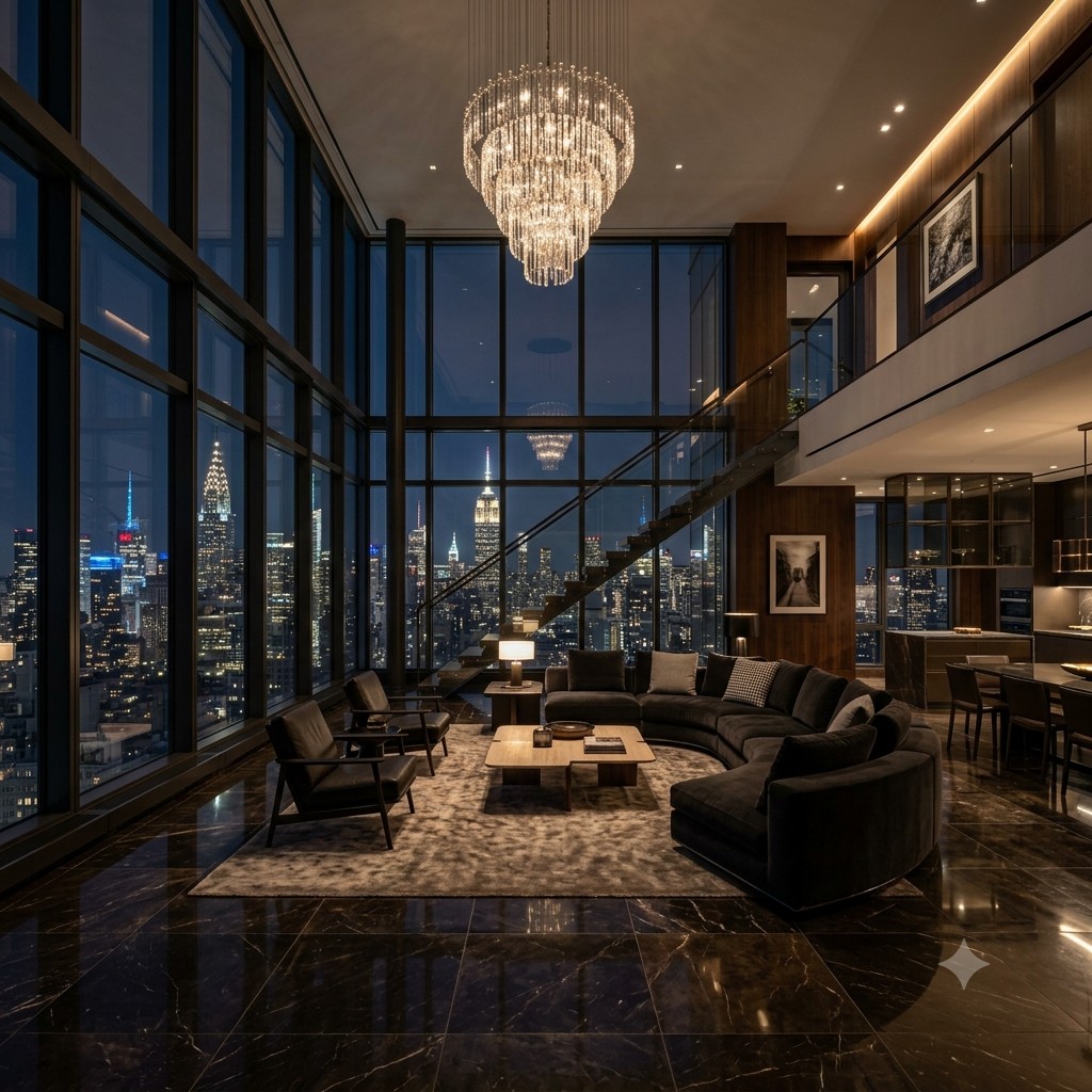 Double-height penthouse living room overlooking a night skyline