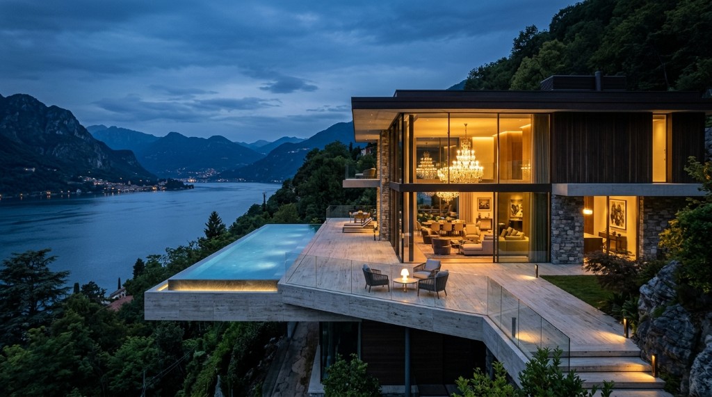 Lakeside villa with infinity pool overlooking mountains at dusk