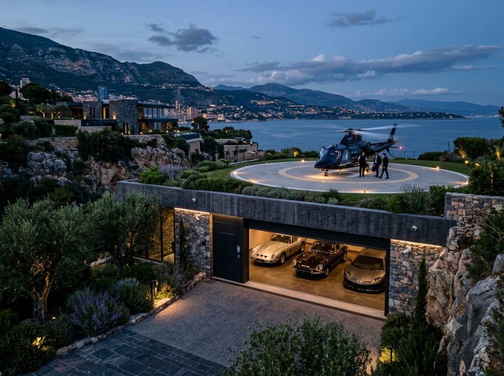 Hillside helipad, collector garage, and harbour at dusk