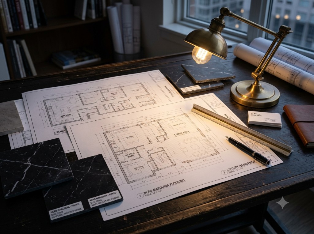 Architectural plans and Nero Marquina samples on a private desk