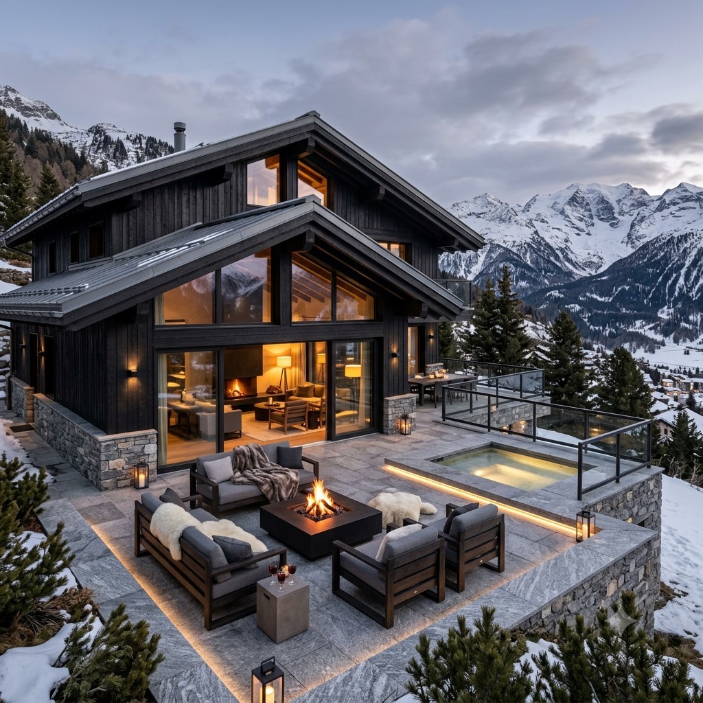 Black timber alpine chalet with terrace fire pit and mountain views