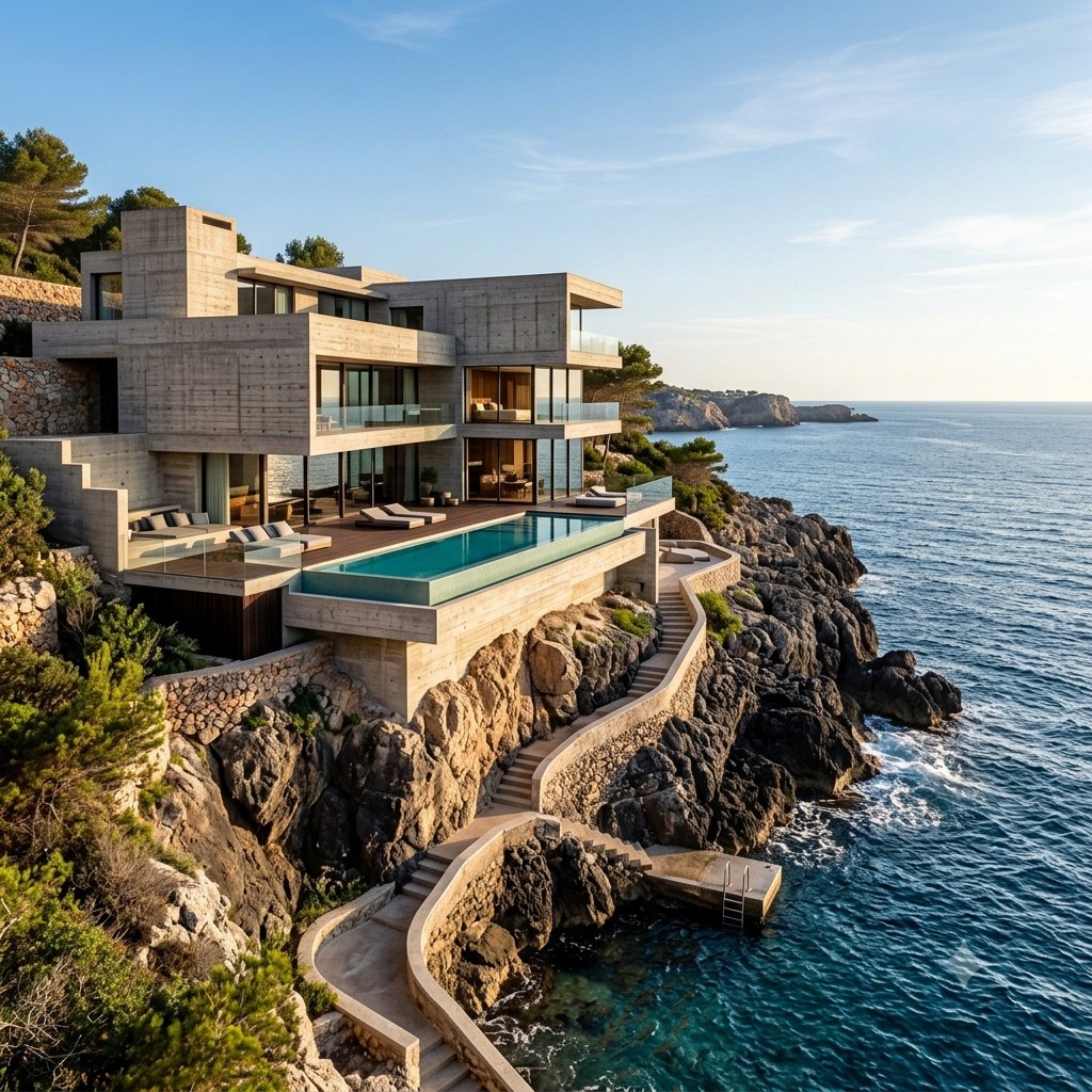 Concrete cliff villa with infinity pool and stairs to the sea