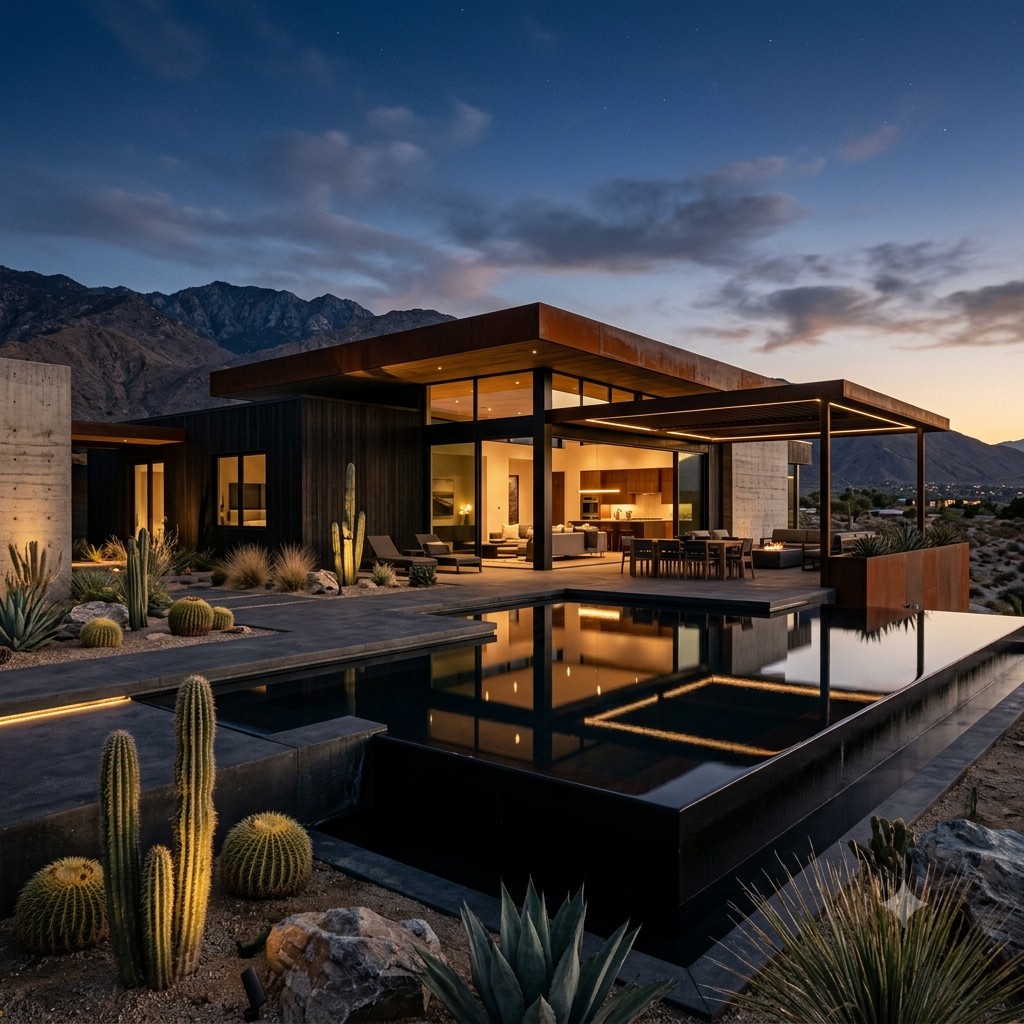 Corten desert pavilion with black reflecting pool at dusk