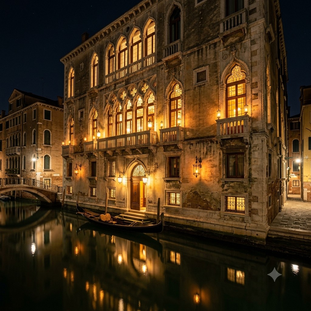 Venetian palazzo façade glowing over a canal at night