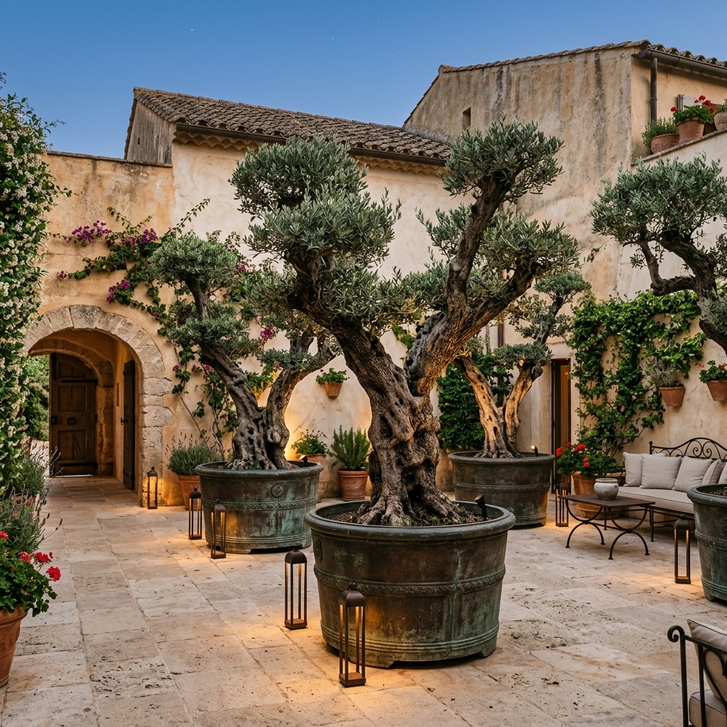 Ancient olive trees in bronze planters within a stone courtyard