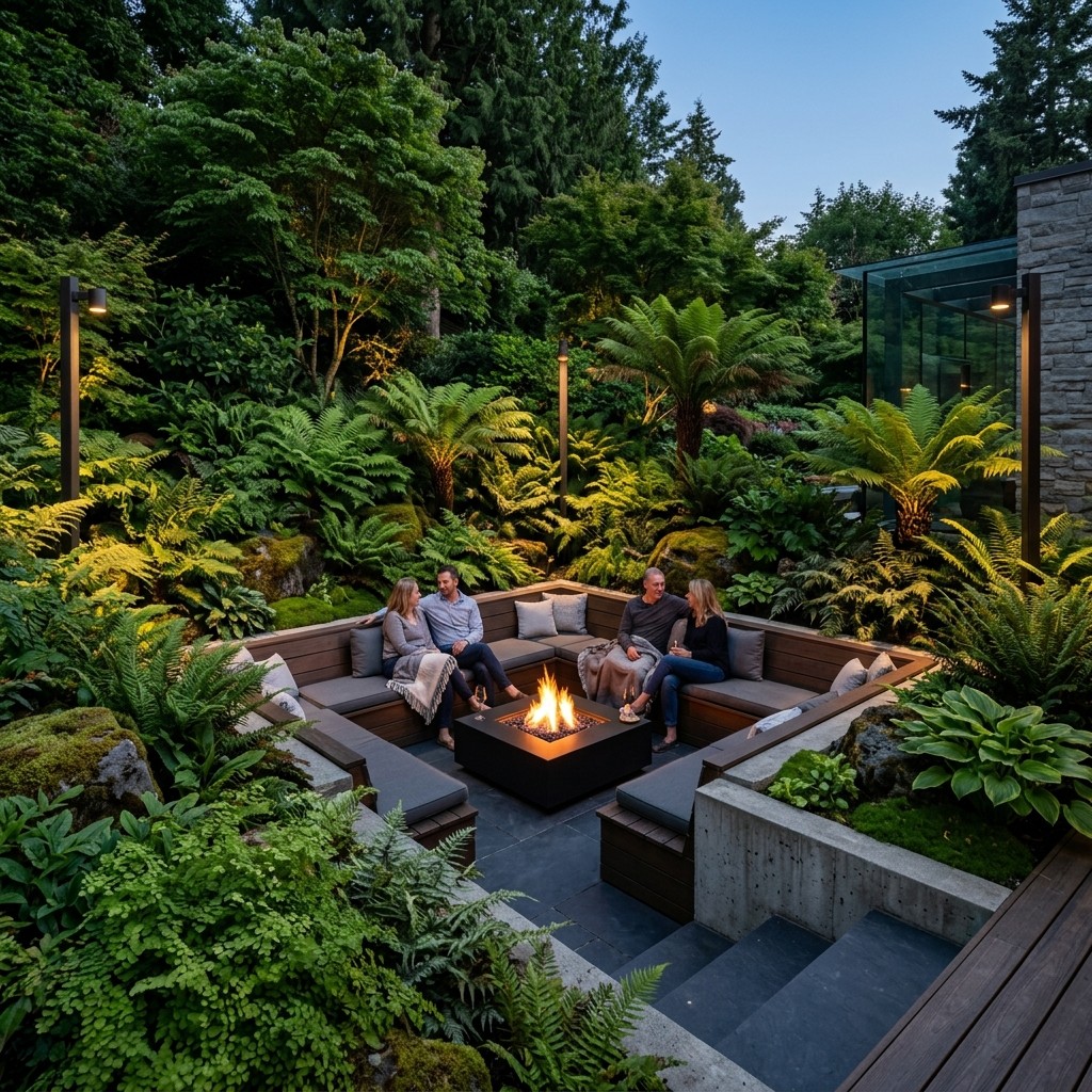 Night garden path with brass path lights and corten planters