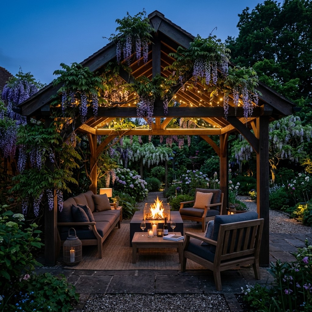 Oak pavilion with wisteria, fire table, and evening seating