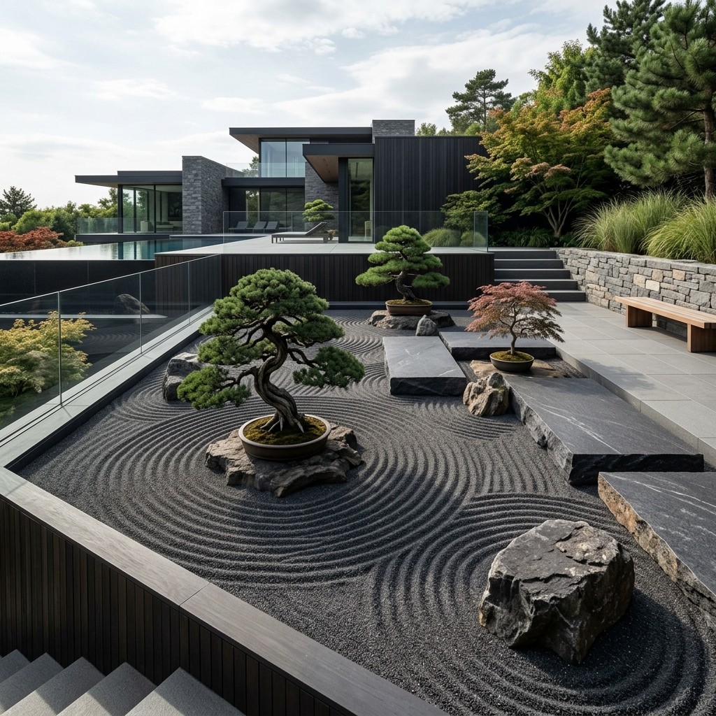 Raked gravel zen garden with bonsai against a modern house