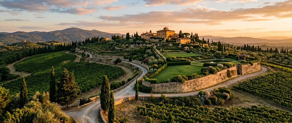 Hilltop estate with terraced gardens and vineyards at sunset