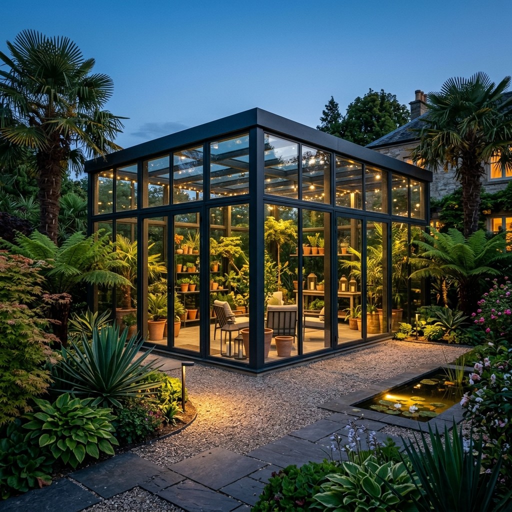 Steel-and-glass orangery glowing at dusk among palms