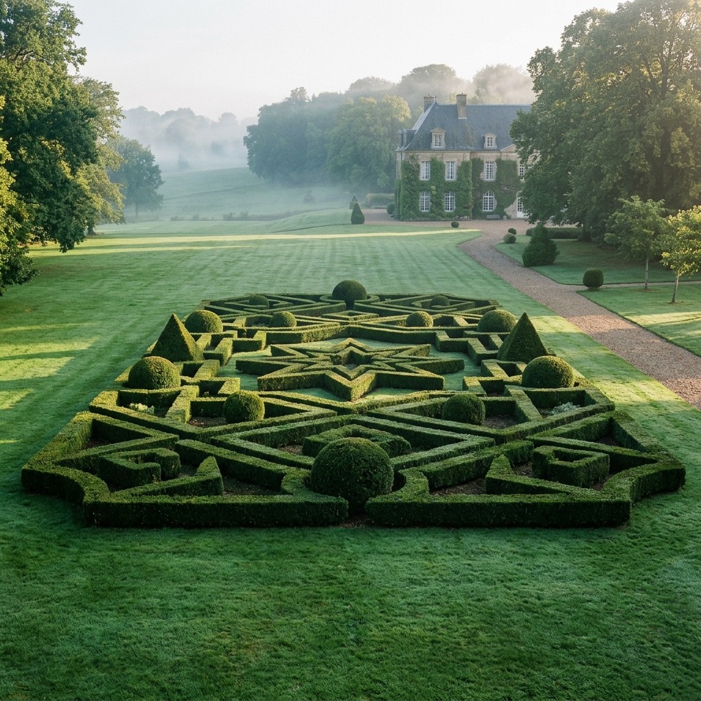Geometric boxwood parterre on a misted estate lawn
