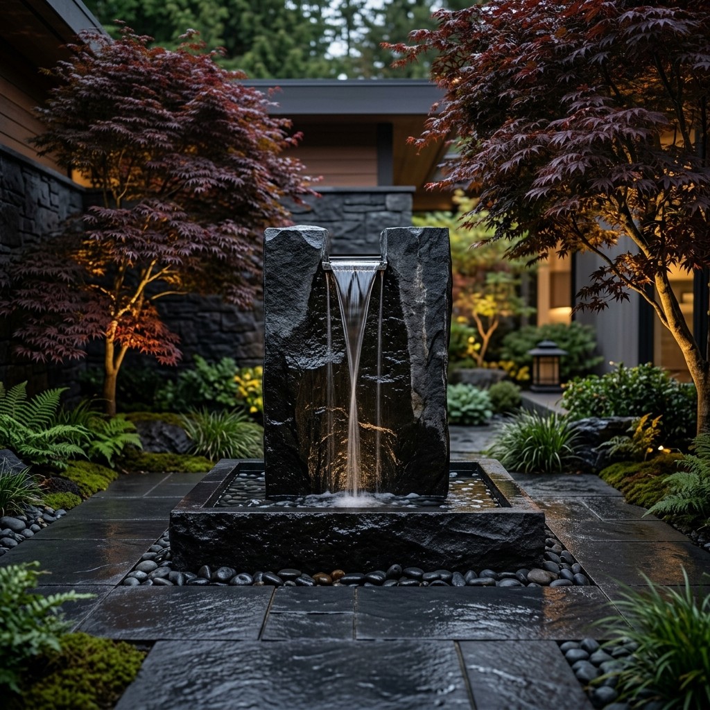 Basalt stone fountain with a sheet of falling water