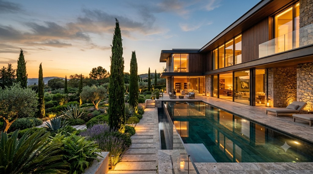 Hillside estate garden with infinity pool and cypress at dusk