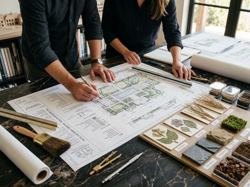 Landscape architects drawing an estate masterplan at a studio table