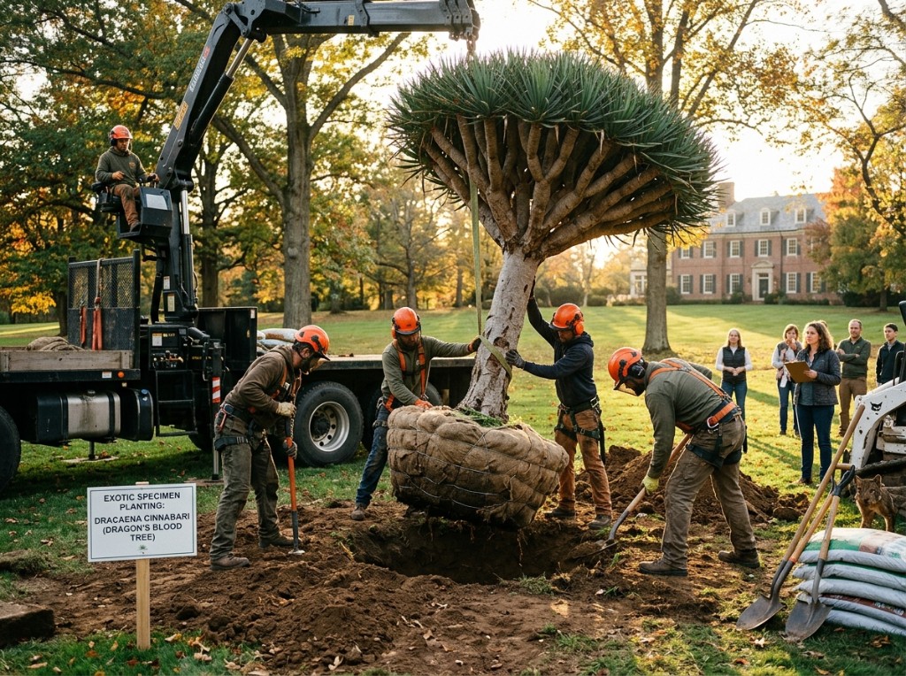 Arborists planting a rare specimen tree on a private lawn