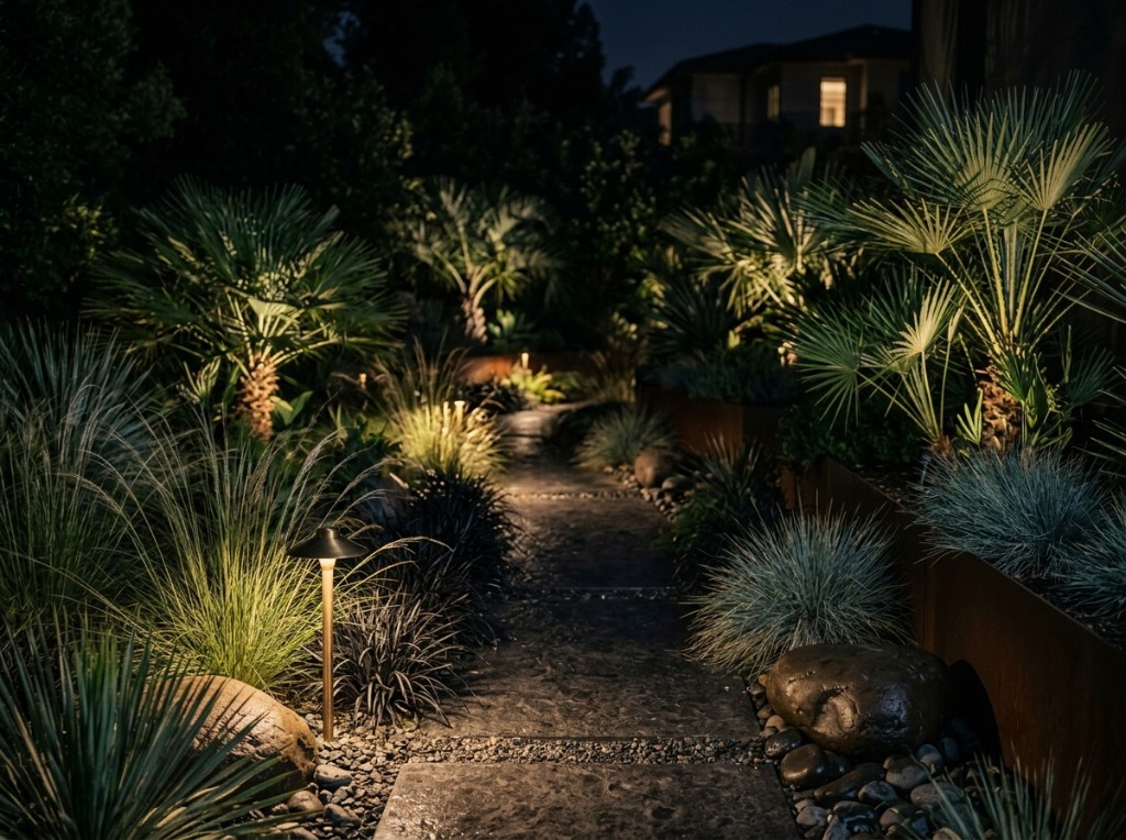 Sunken fire court set into a fern garden at dusk